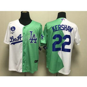 MLB Dodgers 22 Clayton Kershaw White Green Cool Base Split Men Jersey MLB Dodgers 22 Clayton Kershaw White Green Cool Base Split Men Jersey