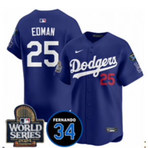 MLB Dodgers 25 Tommy Edman Blue 2024 World Series Nike Cool Base Men Jersey with 34 Ptach MLB Dodgers 25 Tommy Edman Blue 2024 World Series Nike Cool Base Men Jersey with 34 Ptach