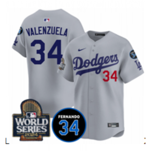 MLB Dodgers 34 Fernando Valenzuela Gray 2024 World Series Nike Cool Base Men Jersey with 34 Patch MLB Dodgers 34 Fernando Valenzuela Gray 2024 World Series Nike Cool Base Men Jersey with 34 Patch