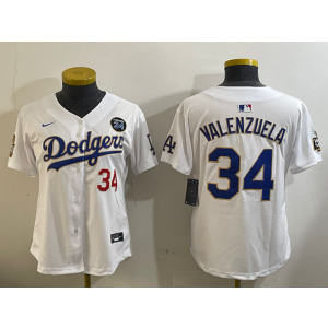 MLB Dodgers 34 Fernando Valenzuela White Gold 2024 World Series Nike Cool Base Women Jersey with 34 Patch MLB Dodgers 34 Fernando Valenzuela White Gold 2024 World Series Nike Cool Base Women Jersey with 34 Patch