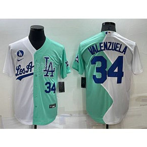 MLB Dodgers 34 Fernando Valenzuela White Green Cool Base Split Men Jersey MLB Dodgers 34 Fernando Valenzuela White Green Cool Base Split Men Jersey