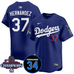 MLB Dodgers 37 Hernandez Blue 2024 World Series Champion Nike Cool Base Men Jersey with 34 Patch MLB Dodgers 37 Hernandez Blue 2024 World Series Champion Nike Cool Base Men Jersey with 34 Patch