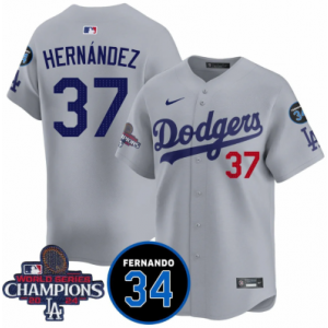 MLB Dodgers 37 Hernandez Grey 2024 World Series Champion Nike Cool Base Men Jersey with 34 Patch MLB Dodgers 37 Hernandez Grey 2024 World Series Champion Nike Cool Base Men Jersey with 34 Patch