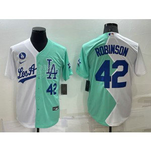MLB Dodgers 42 Jackie Robinson White Green Cool Base Split Men Jersey MLB Dodgers 42 Jackie Robinson White Green Cool Base Split Men Jersey