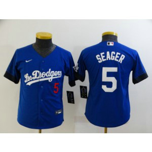 MLB Dodgers 5 Corey Seager Royal 2021 City Connect Cool Base Youth Jersey MLB Dodgers 5 Corey Seager Royal 2021 City Connect Cool Base Youth Jersey