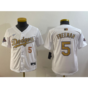 MLB Dodgers 5 Freddie Freeman 2025 White Gold Collection Nike Cool Base Youth Jersey MLB Dodgers 5 Freddie Freeman 2025 White Gold Collection Nike Cool Base Youth Jersey