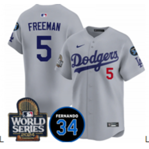 MLB Dodgers 5 Freddie Freeman Gray 2024 World Series Nike Cool Base Men Jersey with 34 Patch MLB Dodgers 5 Freddie Freeman Gray 2024 World Series Nike Cool Base Men Jersey with 34 Patch