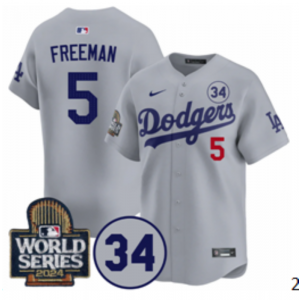 MLB Dodgers 5 Freddie Freeman Gray 2024 World Series Nike Cool Base Men Jersey with 34 Patch MLB Dodgers 5 Freddie Freeman Gray 2024 World Series Nike Cool Base Men Jersey with 34 Patch