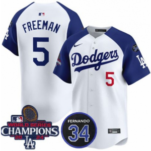 MLB Dodgers 5 Freddie Freeman White 2024 World Series Champion Nike Cool Base Men Jersey with 34 Patch MLB Dodgers 5 Freddie Freeman White 2024 World Series Champion Nike Cool Base Men Jersey with 34 Patch