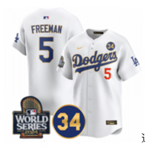 MLB Dodgers 5 Freddie Freeman White Gold 2024 World Series Nike Cool Base Men Jersey with 34 Patch MLB Dodgers 5 Freddie Freeman White Gold 2024 World Series Nike Cool Base Men Jersey with 34 Patch