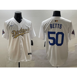 MLB Dodgers 50 Mookie Betts 2025 Gold Collection Nike Cool Base Men Jersey 2 MLB Dodgers 50 Mookie Betts 2025 Gold Collection Nike Cool Base Men Jersey 2