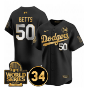 MLB Dodgers 50 Mookie Betts Black Gold 2024 World Series Nike Cool Base Men Jersey with 34 Patch MLB Dodgers 50 Mookie Betts Black Gold 2024 World Series Nike Cool Base Men Jersey with 34 Patch