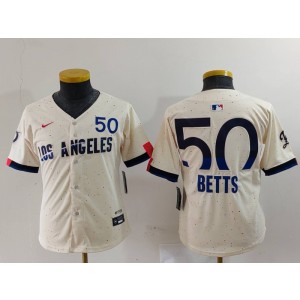 MLB Dodgers 50 Mookie Betts Cream 2024 City Connect Nike Cool Base Youth Jersey MLB Dodgers 50 Mookie Betts Cream 2024 City Connect Nike Cool Base Youth Jersey