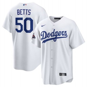 MLB Dodgers 50 Mookie Betts White 2024 World Series Champions Cool Base Men Jersey MLB Dodgers 50 Mookie Betts White 2024 World Series Champions Cool Base Men Jersey