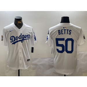MLB Dodgers 50 Mookie Betts White 2024 World Series Nike Cool Base Men Jersey with 34 Patch MLB Dodgers 50 Mookie Betts White 2024 World Series Nike Cool Base Men Jersey with 34 Patch