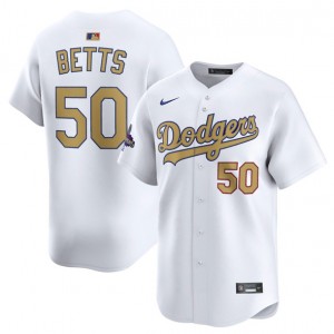 MLB Dodgers 50 Mookie Betts White 2025 Gold Collection Nike Cool Base Men Jersey MLB Dodgers 50 Mookie Betts White 2025 Gold Collection Nike Cool Base Men Jersey