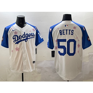 MLB Dodgers 50 Mookie Betts White Blue 2025 Tokyo Series Nike Cool Base Men Jersey MLB Dodgers 50 Mookie Betts White Blue 2025 Tokyo Series Nike Cool Base Men Jersey