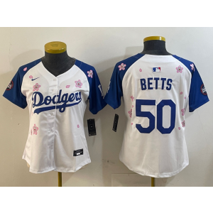 MLB Dodgers 50 Mookie Betts White Blue 2025 Tokyo Series Nike Cool Base Women Jersey MLB Dodgers 50 Mookie Betts White Blue 2025 Tokyo Series Nike Cool Base Women Jersey