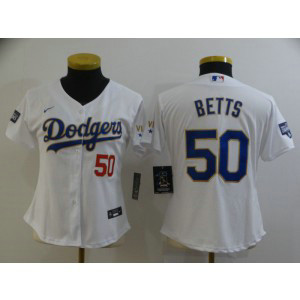 MLB Dodgers 50 Mookie Betts White Gold Champion Cool Base Women Jersey MLB Dodgers 50 Mookie Betts White Gold Champion Cool Base Women Jersey