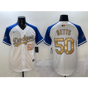 MLB Dodgers 50 Mookie Betts White Gold Champion Nike Cool Base Men Jersey MLB Dodgers 50 Mookie Betts White Gold Champion Nike Cool Base Men Jersey