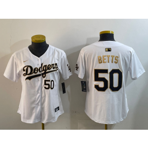 MLB Dodgers 50 Mookie Betts White Gold Nike Cool Base Women Jersey MLB Dodgers 50 Mookie Betts White Gold Nike Cool Base Women Jersey