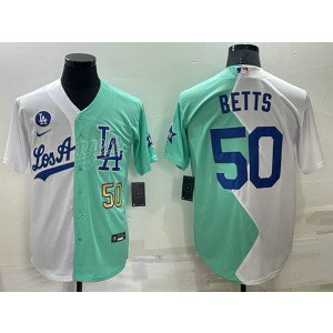 MLB Dodgers 50 Mookie Betts White Green Gold Cool Base Split Men Jersey MLB Dodgers 50 Mookie Betts White Green Gold Cool Base Split Men Jersey