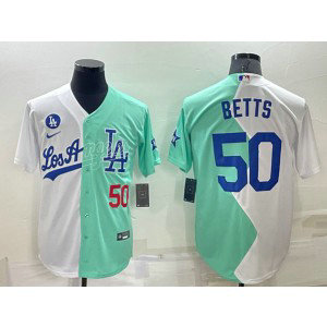 MLB Dodgers 50 Mookie Betts White Green Nike Cool Base Split Men Jersey MLB Dodgers 50 Mookie Betts White Green Nike Cool Base Split Men Jersey