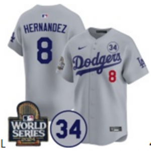 MLB Dodgers 8 Hernandez Grey 2024 World Series Nike Cool Base Men Jersey with 34 Patch MLB Dodgers 8 Hernandez Grey 2024 World Series Nike Cool Base Men Jersey with 34 Patch