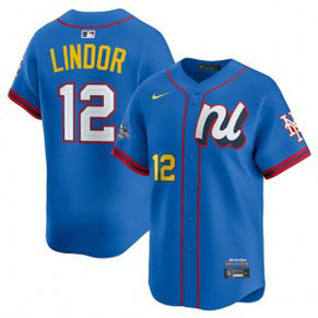 MLB Indians 12 Francisco Lindor Blue National League 2025 All Star Nike Cool Base Men Jersey