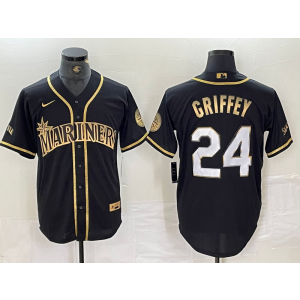 MLB Mariners 24 Ken Griffey Black Gold Nike Cool Base Men Jersey