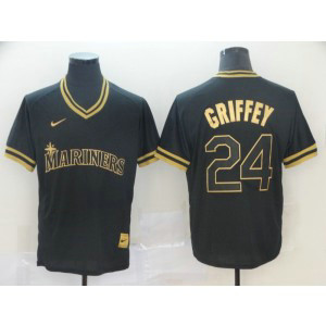 MLB Mariners 24 Ken Griffey Jr Black Gold Nike Cooperstown Legend V Neck Men Jersey