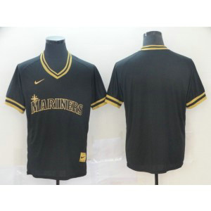 MLB Mariners Blank Black Gold Nike Cooperstown Legend V Neck Men Jersey