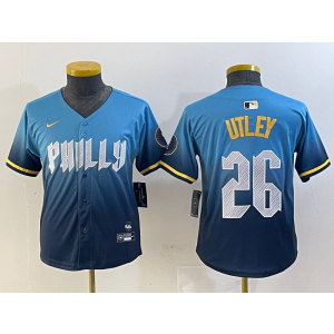 MLB Phillies 26 Utley Blue 2024 City Connect Nike Cool Base Youth Jersey MLB Phillies 26 Utley Blue 2024 City Connect Nike Cool Base Youth Jersey