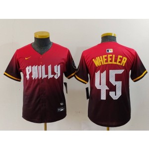 MLB Phillies 45 WHEELER Red 2024 City Connect Nike Cool Base Youth Jersey MLB Phillies 45 WHEELER Red 2024 City Connect Nike Cool Base Youth Jersey