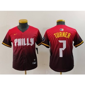 MLB Phillies 7 Trea Turner Red 2024 City Connect Nike Cool Base Youth Jersey MLB Phillies 7 Trea Turner Red 2024 City Connect Nike Cool Base Youth Jersey