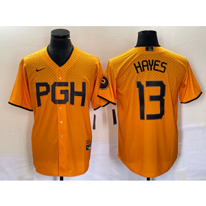 MLB Pirates 13 Ke'Bryan Hayes Gold 2023 City Connect Nike Cool Base Men Jersey