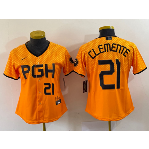 MLB Pirates 21 Roberto Clemente Gold 2023 City Connect Nike Cool Base Youth Jersey