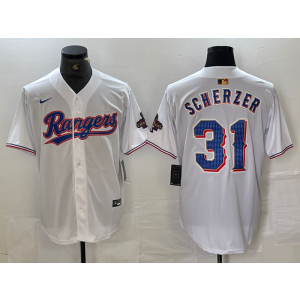 MLB Rangers 31 Max Scherzer White Champion Nike Cool Base Men Jersey MLB Rangers 31 Max Scherzer White Champion Nike Cool Base Men Jersey
