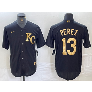 MLB Royals 13 Salvador Perez Black Gold Nike Cool Base Men Jersey