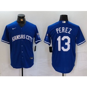 MLB Royals 13 Salvador Perez Blue Nike Cool Base Men Jersey