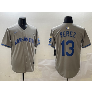 MLB Royals 13 Salvador Perez Grey Nike Cool Base Men Jersey