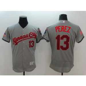 MLB Royals 13 Salvador Perez Grey Stars and Stripes Flexbase Men Jersey