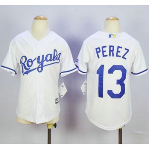 MLB Royals 13 Salvador Perez White Cool Base Youth Jersey