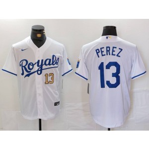MLB Royals 13 Salvador Perez White Gold Nike Cool Base Men Jersey