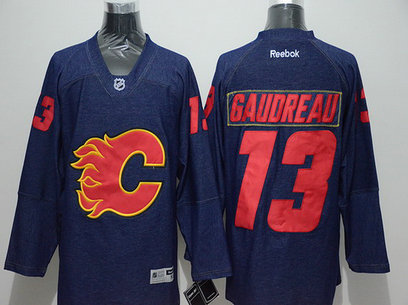 Men's Calgary Flames #13 Johnny Gaudreau Navy Blue Denim Fabric Fashion Jersey Men's Calgary Flames #13 Johnny Gaudreau Navy Blue Denim Fabric Fashion Jersey