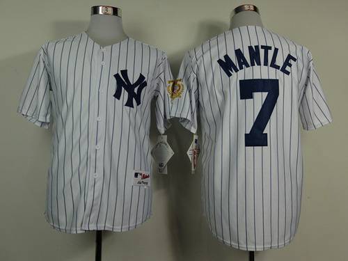 Men's New York Yankees #7 Mickey Mantle White 75TH Patch Jersey Men's New York Yankees #7 Mickey Mantle White 75TH Patch Jersey