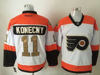 Men's Philadelphia Flyers #11 Travis Konecny White 50th Gold Stitched NHL Jersey Men's Philadelphia Flyers #11 Travis Konecny White 50th Gold Stitched NHL Jersey