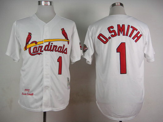 Men's St. Louis Cardinals #1 Ozzie Smith 1992 White Mitchell & Ness Throwback Jersey