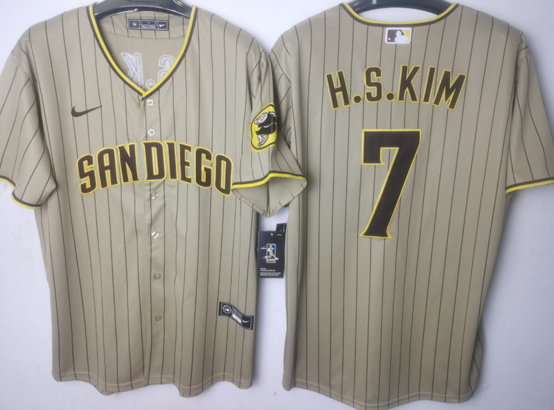 Men Nike #7 HA SONG KIM SAN DIEGO PADRES tan stripe Nike cool base Jersey