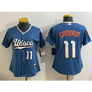 Milwaukee Brewers 11 Jackson Chourio Blue 2026 City Connect Cool Base Women Jersey Milwaukee Brewers 11 Jackson Chourio Blue 2026 City Connect Cool Base Women Jersey